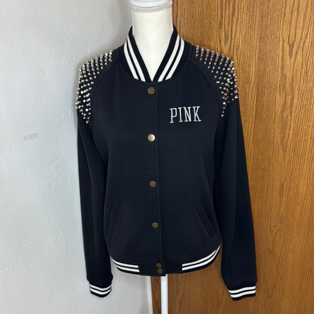 Pink black studded lined varsity bomber jacket size M